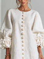 Camilla | Abito Mini in Misto Lino con Polsini a Rosa, Bianco
