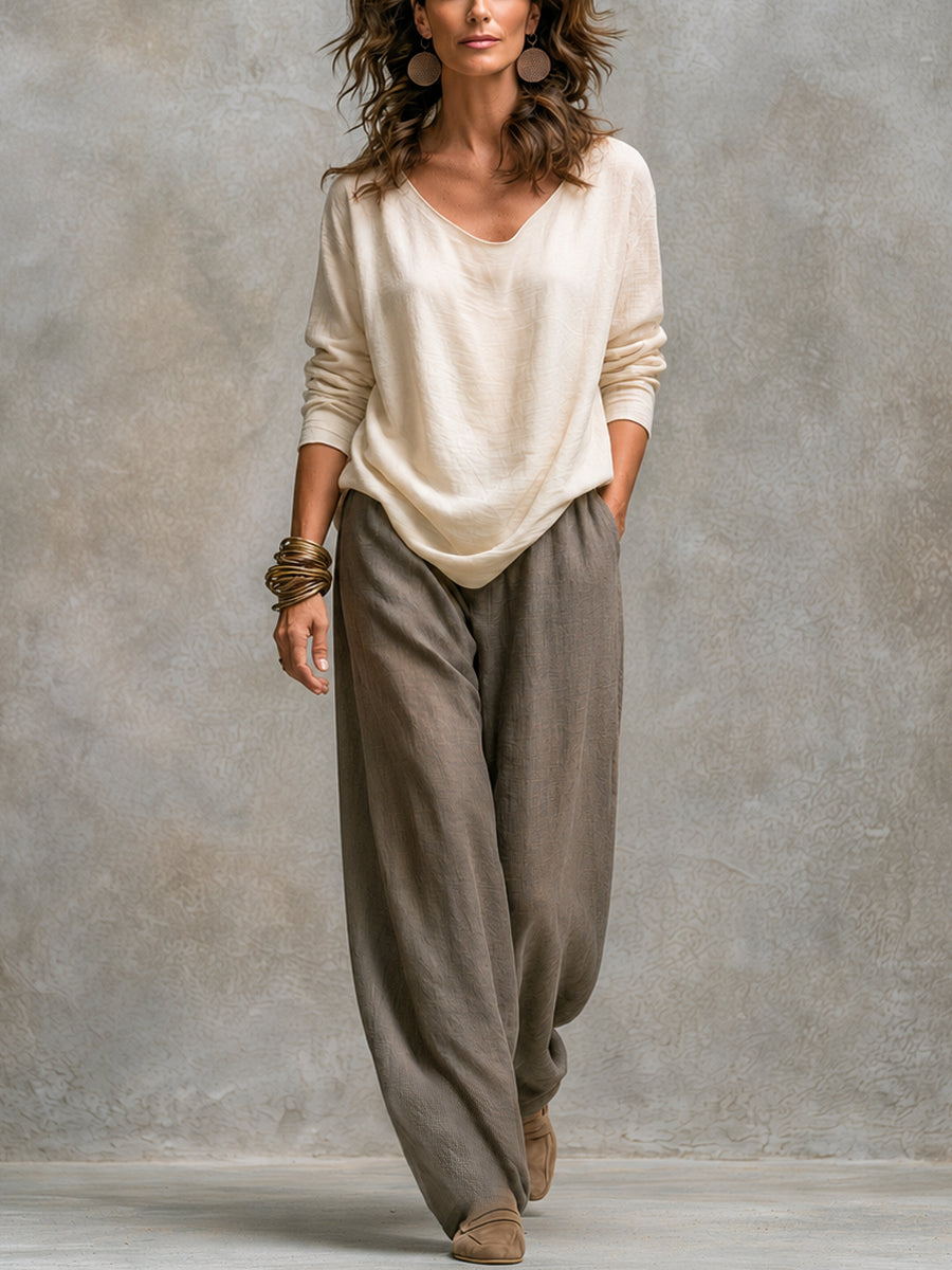 Ivetta | Completo tre pezzi beige e grigio, casual a strati, con pantaloni a palazzo, elegante