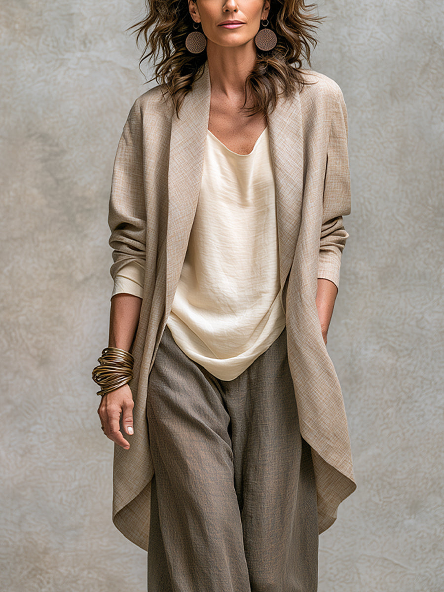 Ivetta | Completo tre pezzi beige e grigio, casual a strati, con pantaloni a palazzo, elegante