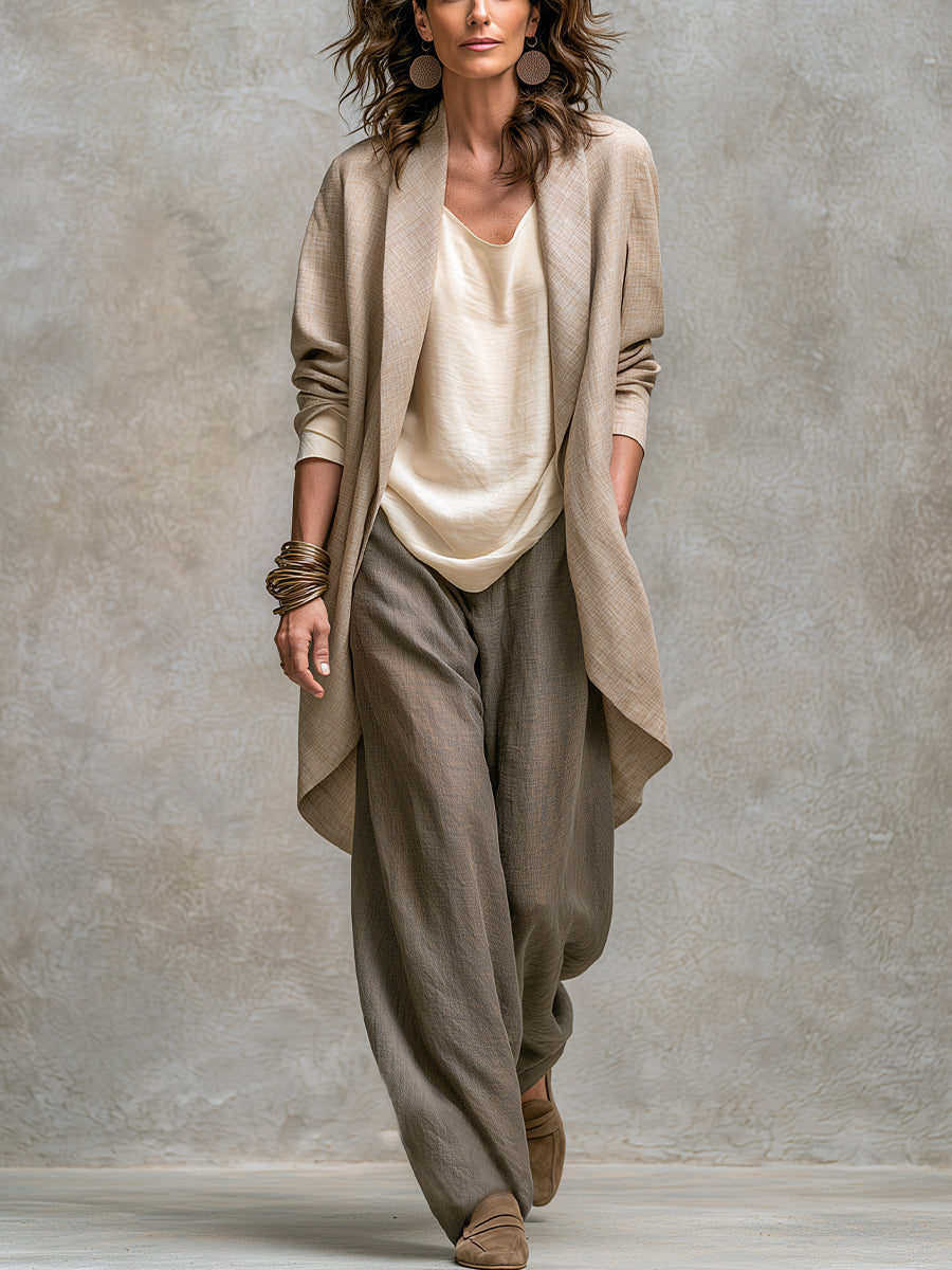 Ivetta | Completo tre pezzi beige e grigio, casual a strati, con pantaloni a palazzo, elegante