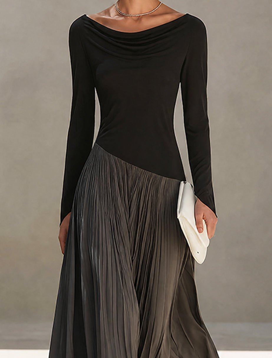 Franca | Abito Maxi Plissettato con Collo Drappeggiato Bicolore Nero e Grigio