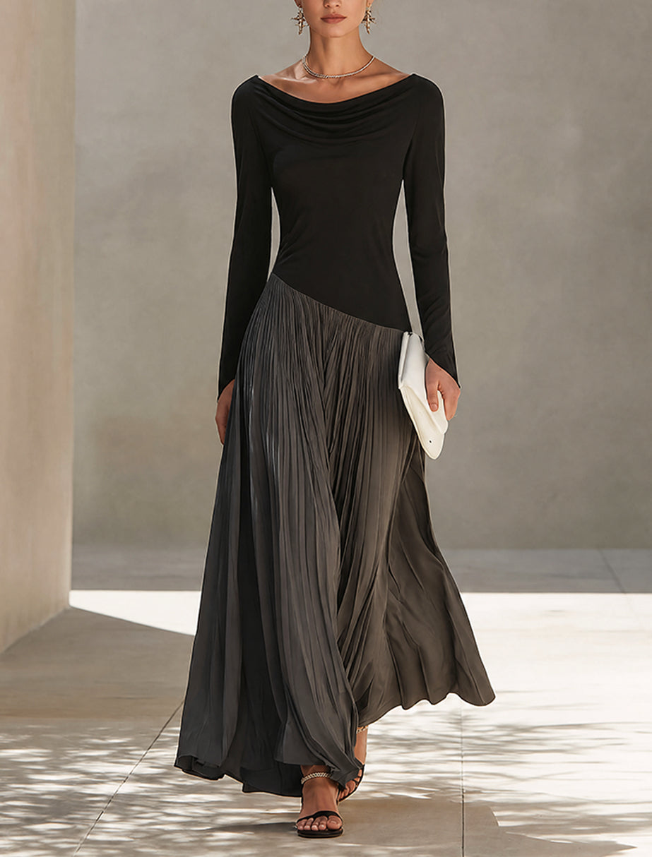Franca | Abito Maxi Plissettato con Collo Drappeggiato Bicolore Nero e Grigio
