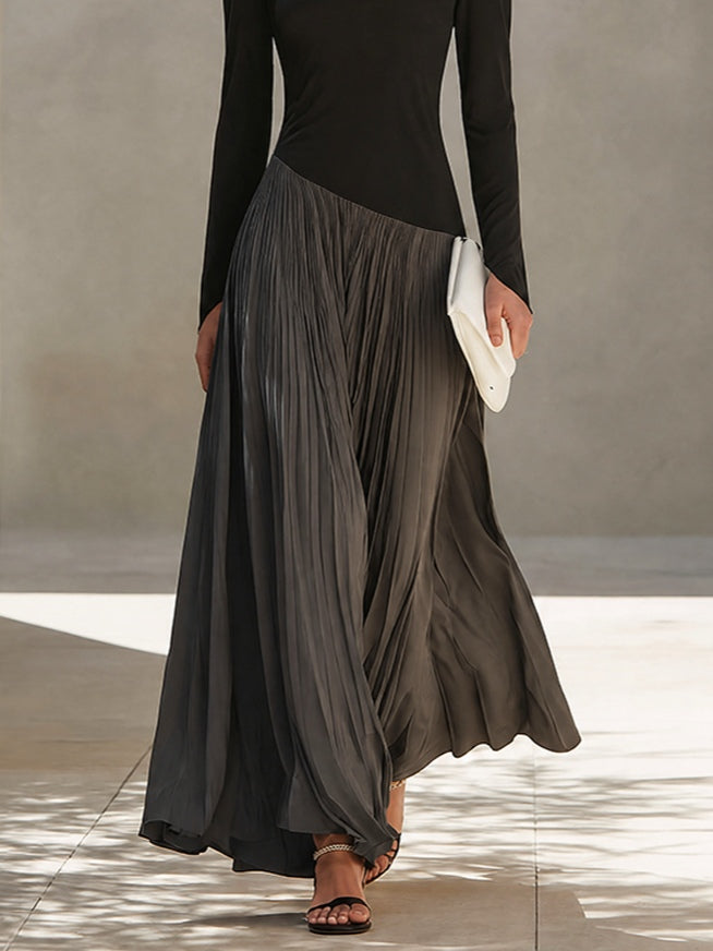 Franca | Abito Maxi Plissettato con Collo Drappeggiato Bicolore Nero e Grigio