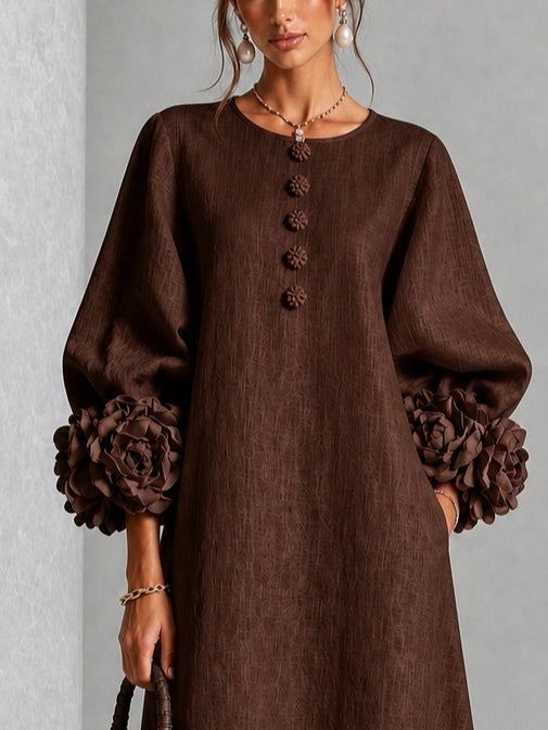 Abito Midi Button-down in Velluto Marrone con Fiori e Maniche Decorative
