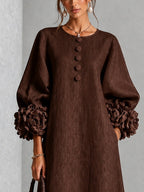 Abito Midi Button-down in Velluto Marrone con Fiori e Maniche Decorative