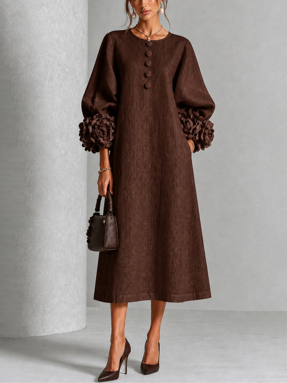 Abito Midi Button-down in Velluto Marrone con Fiori e Maniche Decorative
