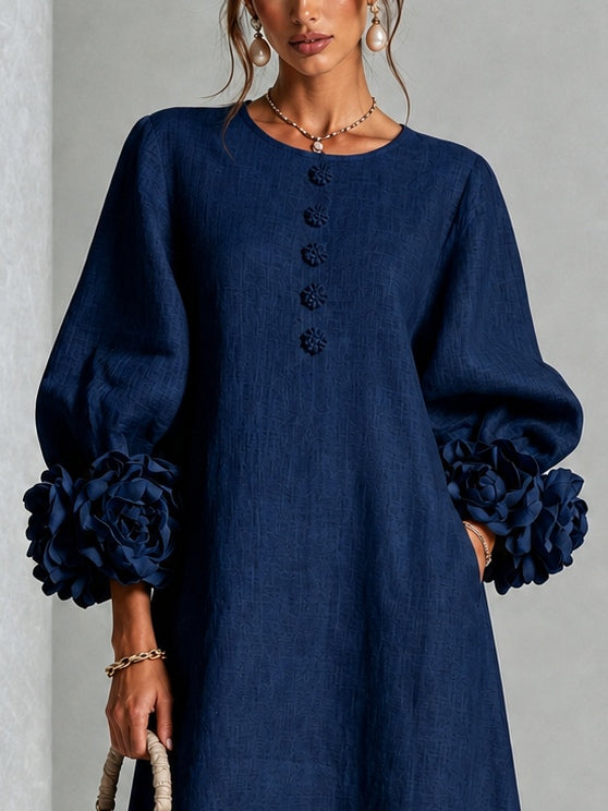 Abito Midi Button-down Floreale Blu Navy Con Maniche Floreali Stravaganti