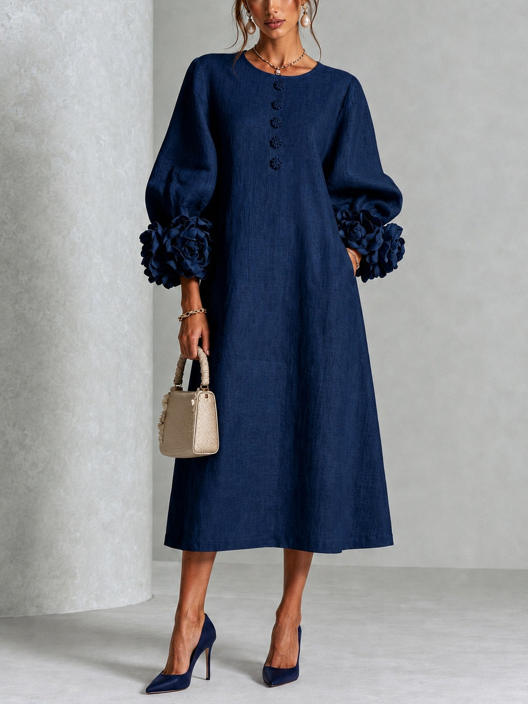 Maria | Abito Midi a Fiori con Polsini a Rosa