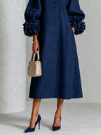 Abito Midi Button-down Floreale Blu Navy Con Maniche Floreali Stravaganti