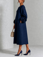 Abito Midi Button-down Floreale Blu Navy Con Maniche Floreali Stravaganti