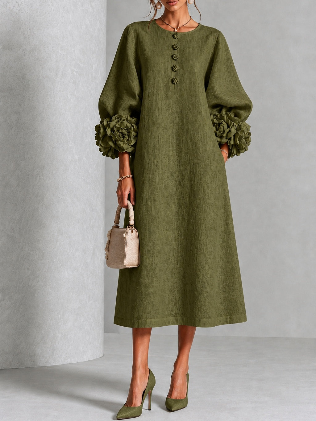 Abito Midi Button-down Floreale Verde Oliva Con Maniche Floreali Sbalorditive