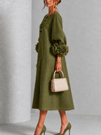 Abito Midi Button-down Floreale Verde Oliva Con Maniche Floreali Sbalorditive