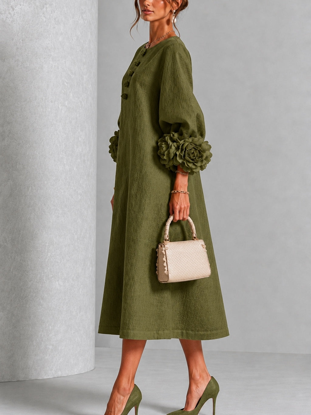 Abito Midi Button-down Floreale Verde Oliva Con Maniche Floreali Sbalorditive