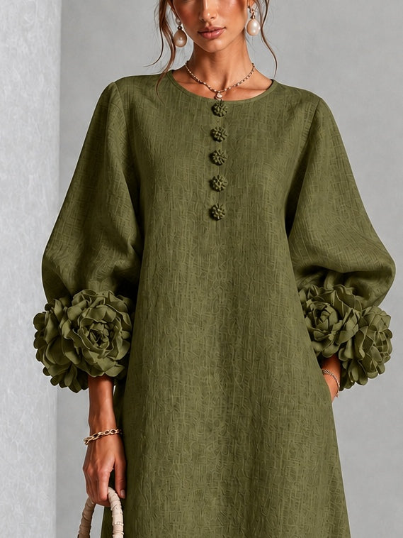 Abito Midi Button-down Floreale Verde Oliva Con Maniche Floreali Sbalorditive