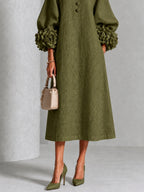 Abito Midi Button-down Floreale Verde Oliva Con Maniche Floreali Sbalorditive