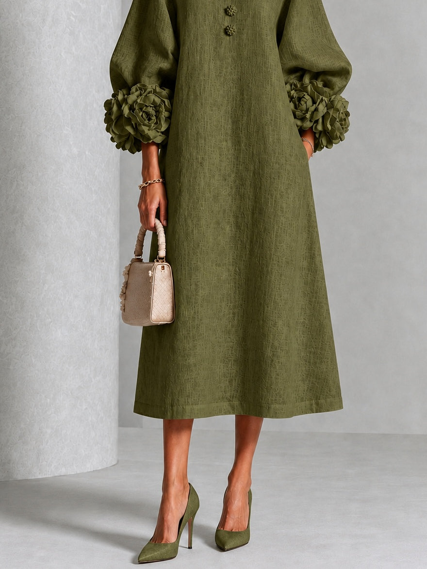 Abito Midi Button-down Floreale Verde Oliva Con Maniche Floreali Sbalorditive