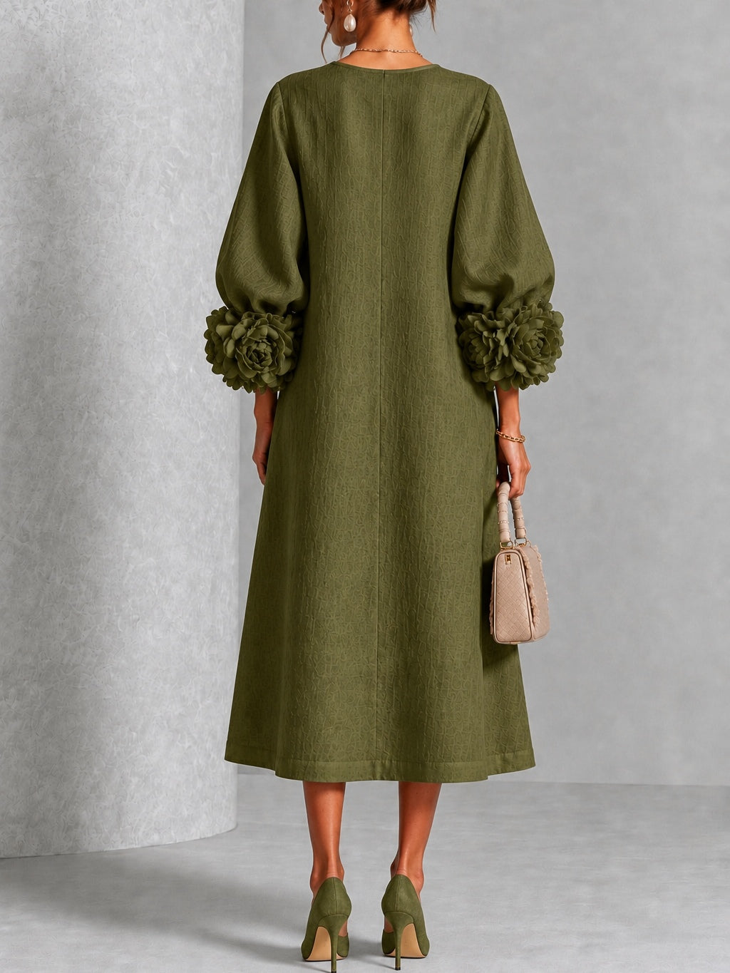 Abito Midi Button-down Floreale Verde Oliva Con Maniche Floreali Sbalorditive