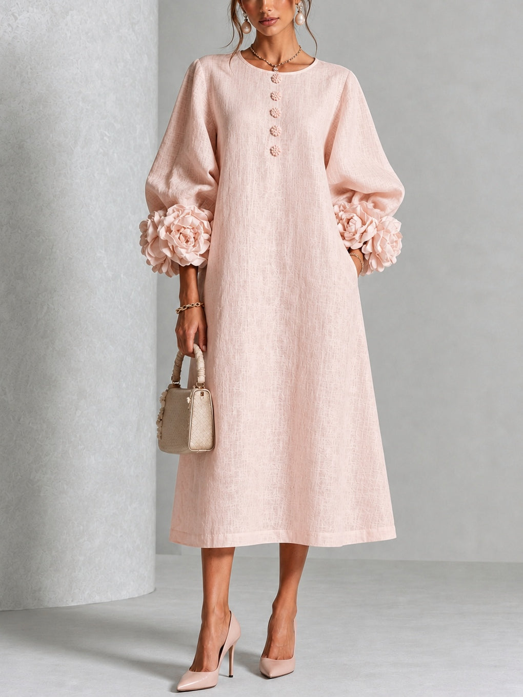 Abito Midi Button-down Floreale Rosa Con Maniche Floreali Stravaganti