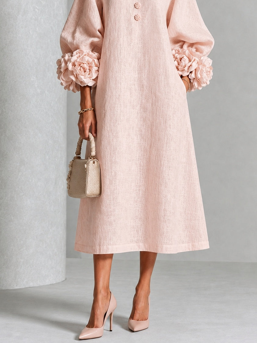 Abito Midi Button-down Floreale Rosa Con Maniche Floreali Stravaganti