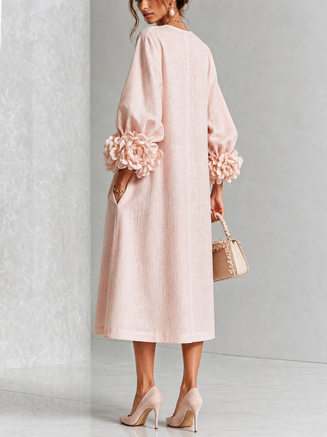 Abito Midi Button-down Floreale Rosa Con Maniche Floreali Stravaganti