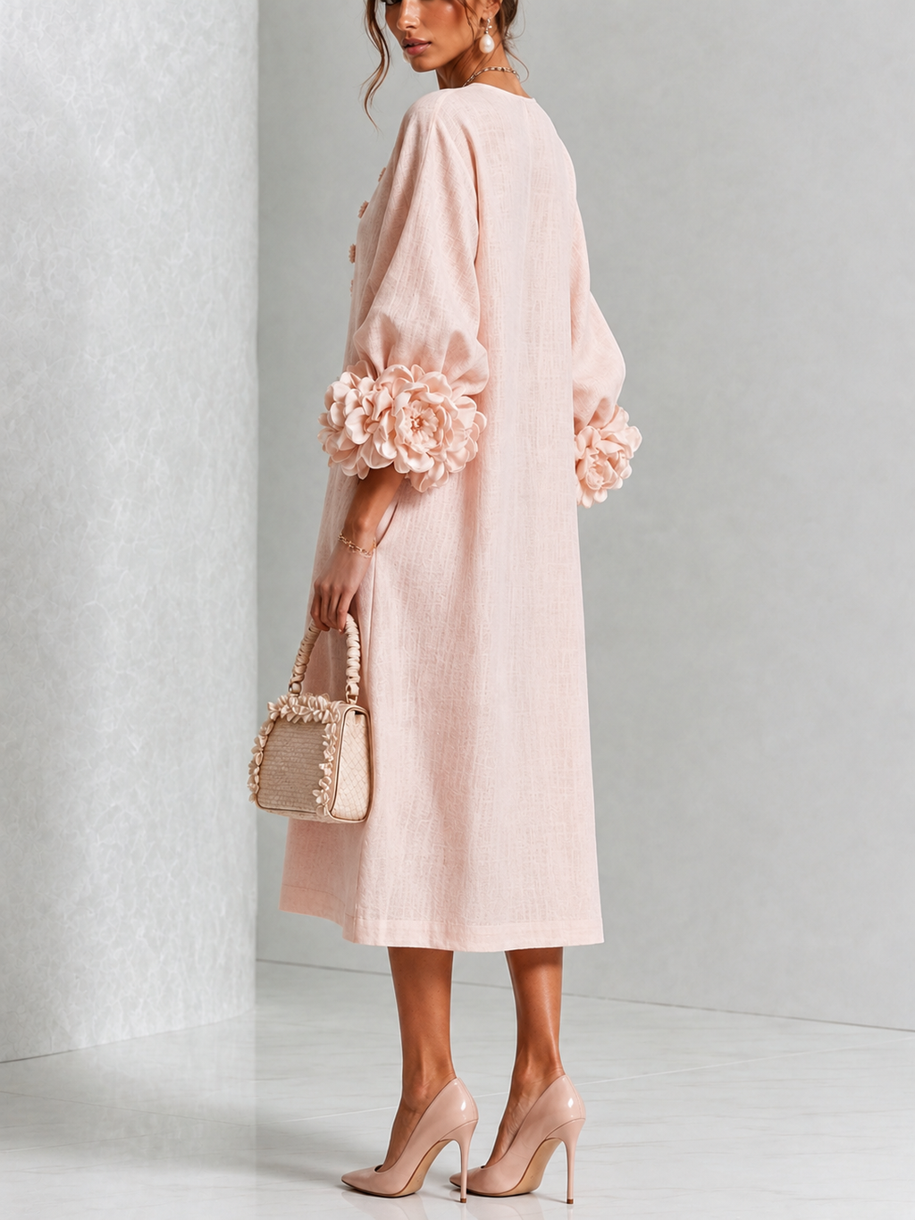 Abito Midi Button-down Floreale Rosa Con Maniche Floreali Stravaganti