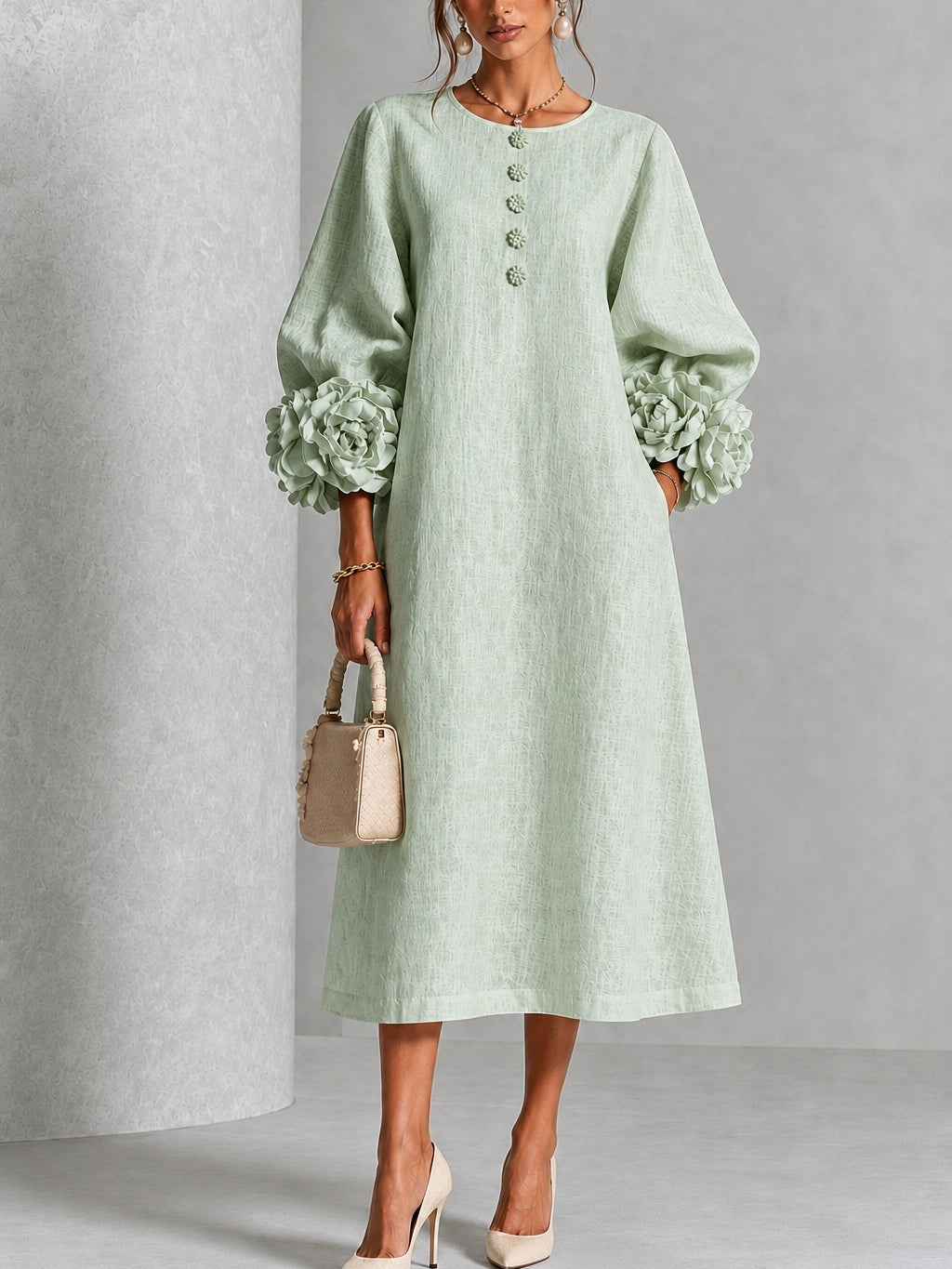 Abito Midi Button-down in Mistica Salvia con Maniche Floreali Stravaganti