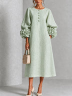 Abito Midi Button-down in Mistica Salvia con Maniche Floreali Stravaganti