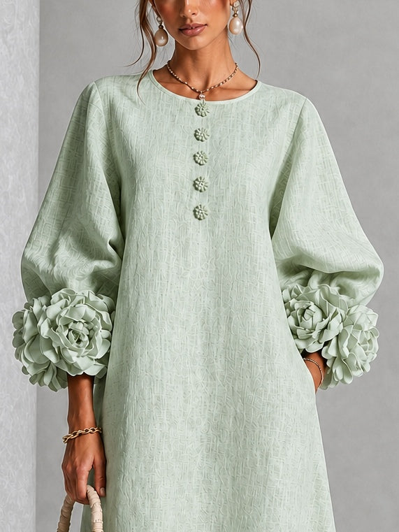 Abito Midi Button-down in Mistica Salvia con Maniche Floreali Stravaganti