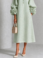 Abito Midi Button-down in Mistica Salvia con Maniche Floreali Stravaganti