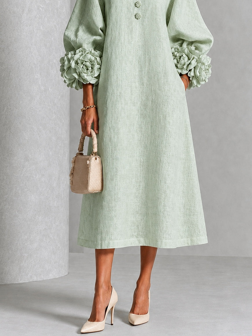 Abito Midi Button-down in Mistica Salvia con Maniche Floreali Stravaganti