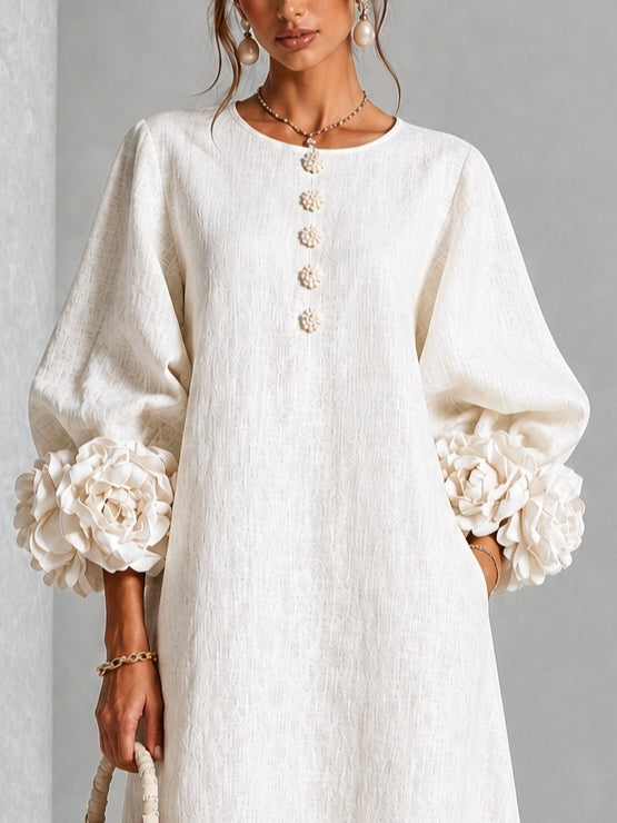 Abito Midi Bianco a Fiori con Bottoni e Maniche Floreali