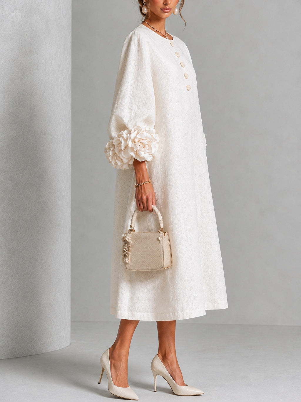 Maria | Abito Midi a Fiori con Polsini a Rosa