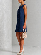 Abito Mini Senza Maniche a Fiori con Bottoni Blu Navy