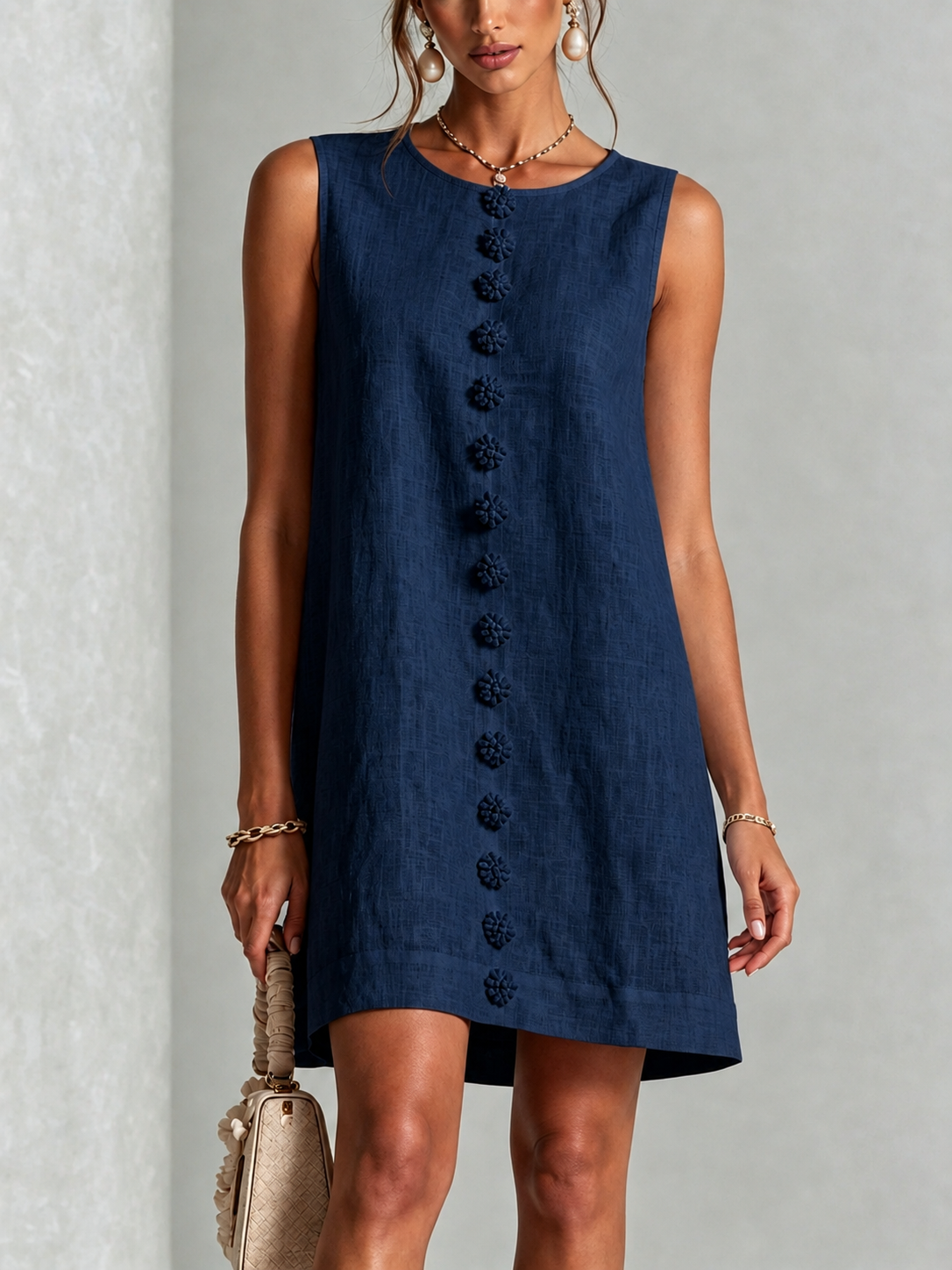 Abito Mini Senza Maniche a Fiori con Bottoni Blu Navy