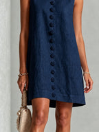 Abito Mini Senza Maniche a Fiori con Bottoni Blu Navy