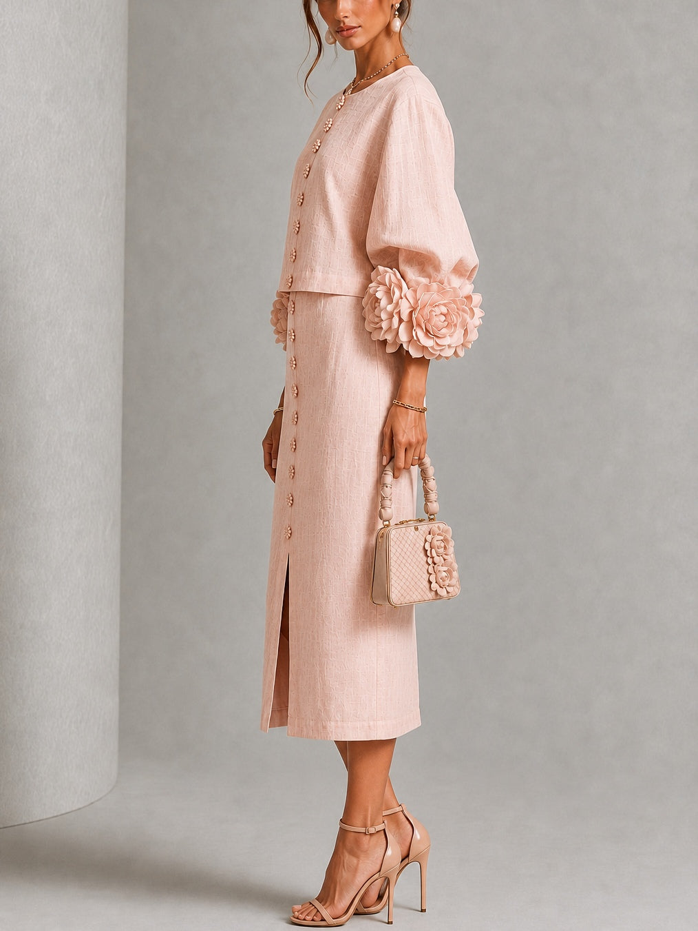 Set Top e Gonna con Bottoni a Fiori Rosa con Maniche Fiorite Stravaganti