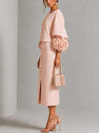 Set Top e Gonna con Bottoni a Fiori Rosa con Maniche Fiorite Stravaganti