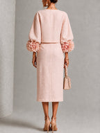 Set Top e Gonna con Bottoni a Fiori Rosa con Maniche Fiorite Stravaganti
