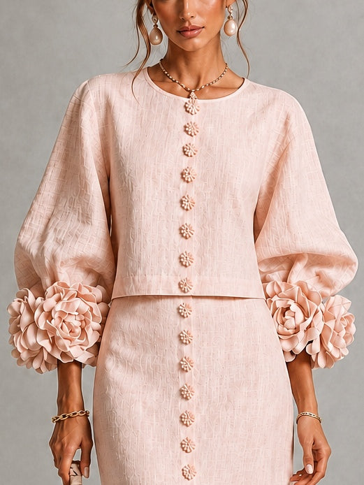 Set Top e Gonna con Bottoni a Fiori Rosa con Maniche Fiorite Stravaganti