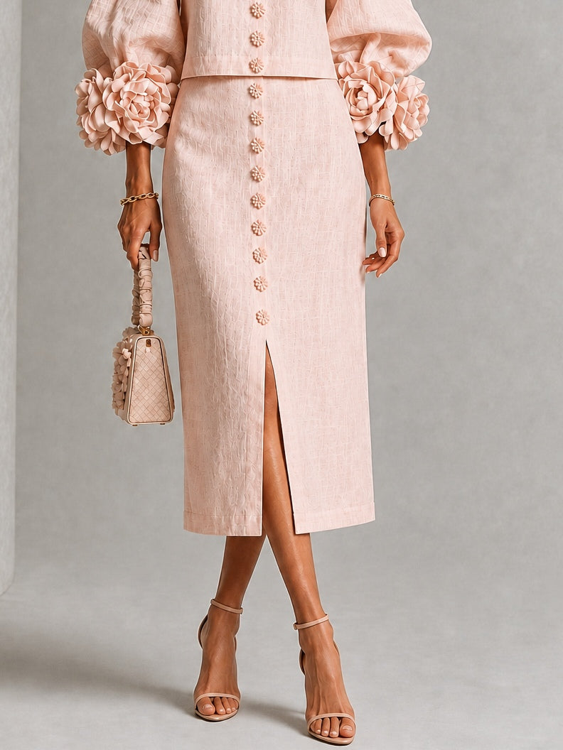 Set Top e Gonna con Bottoni a Fiori Rosa con Maniche Fiorite Stravaganti