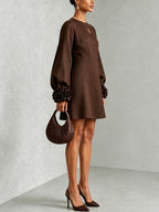 Abito Mini A-line con Cintura in Marrone Cioccolato con Maniche Floreali Sbalorditive