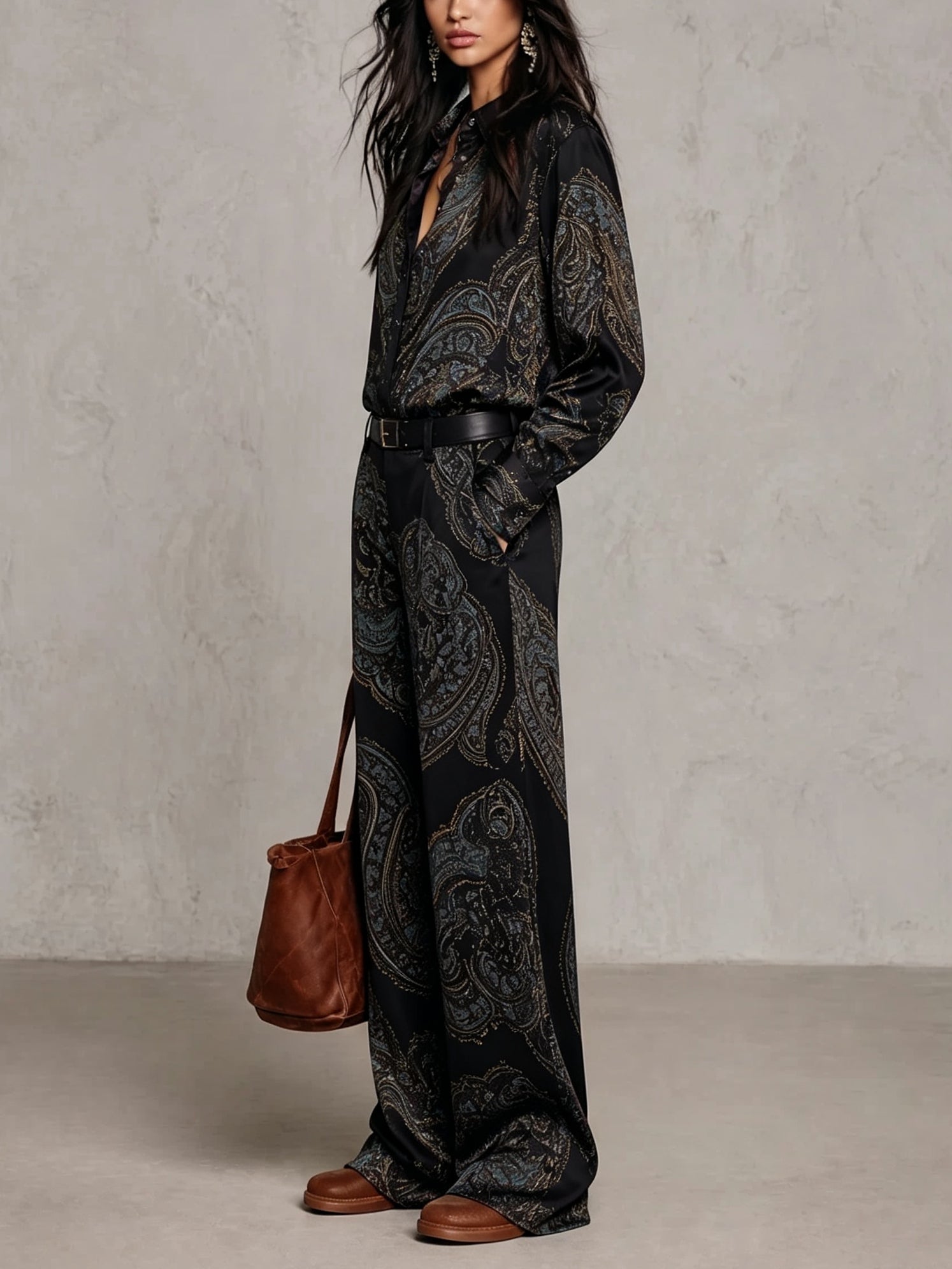 Agnese | Completo Camicia in Raso Cachemire e Pantaloni Ampi