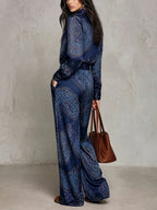Lorella | Completo di Camicia a Maniche Lunghe in Satin con Stampa Blu Navy e Pantaloni a Gamba Larga