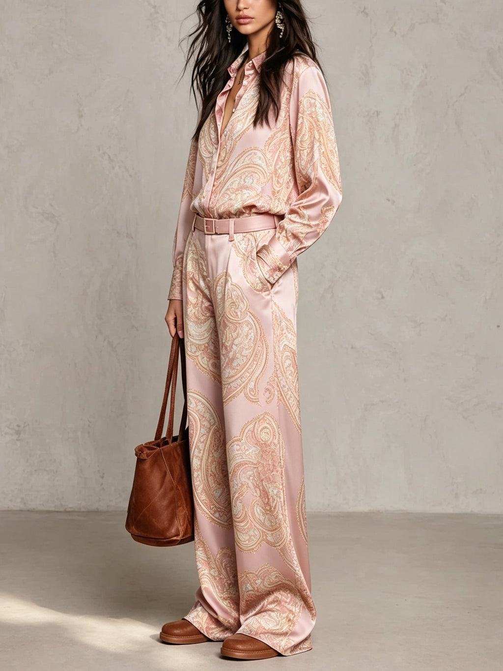 Lorella | Completo di Camicia a Maniche Lunghe in Satin con Stampa Rosa e Pantaloni a Gamba Larga