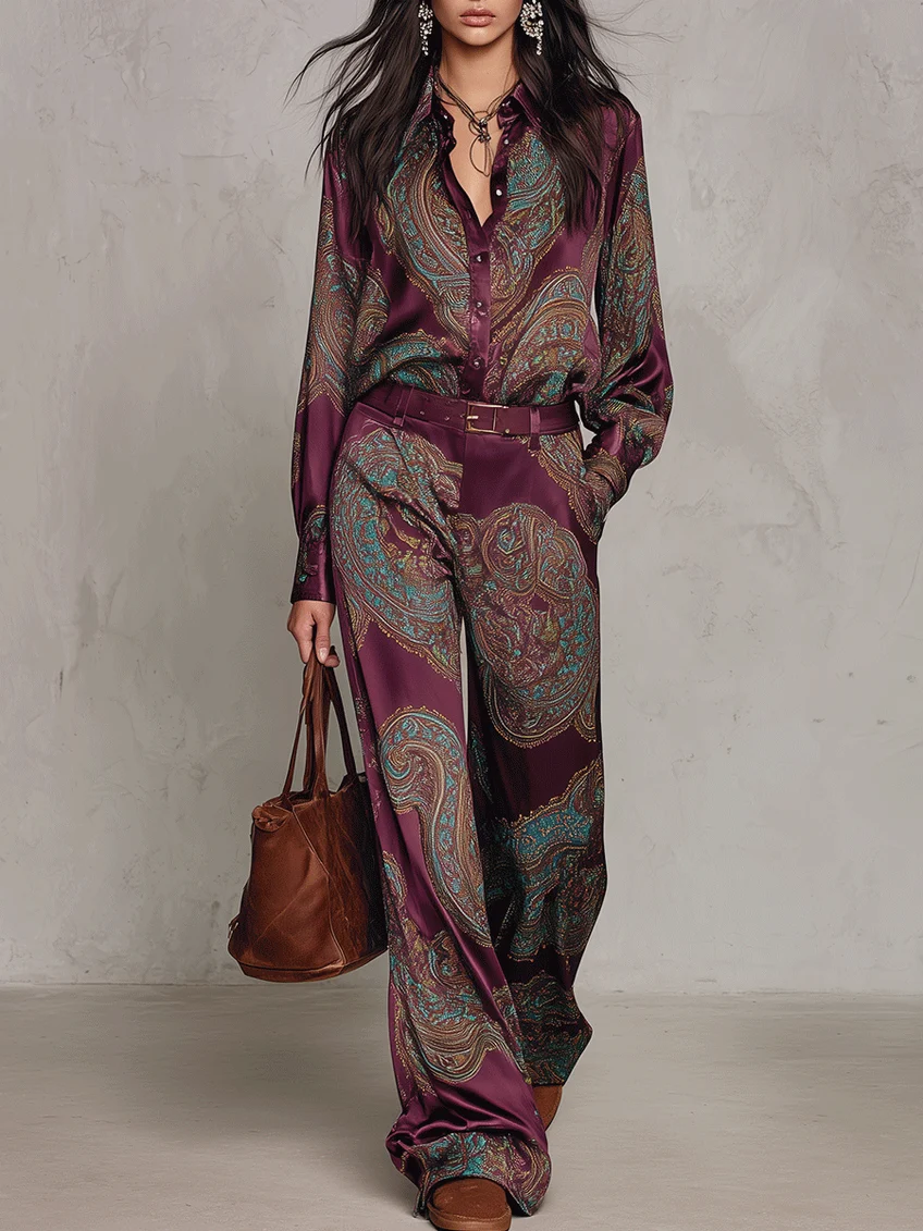 Lorella | Completo di Camicia a Maniche Lunghe in Satin con Stampa Paisley Borgogna-Porpora e Pantaloni a Gamba Larga