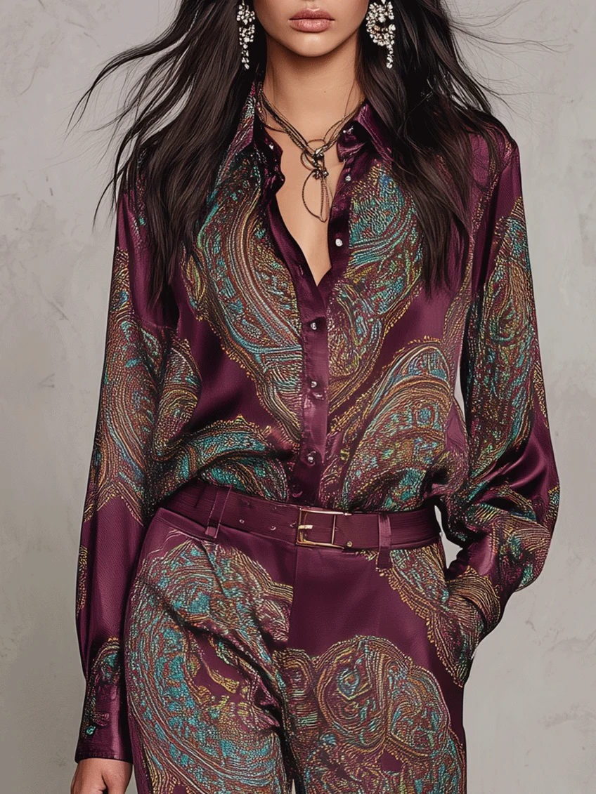 Lorella | Completo di Camicia a Maniche Lunghe in Satin con Stampa Paisley Borgogna-Porpora e Pantaloni a Gamba Larga