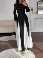 Abito Elegante Nero e Bianco Colorblock con Collo Rotondo e Maniche Lunghe
