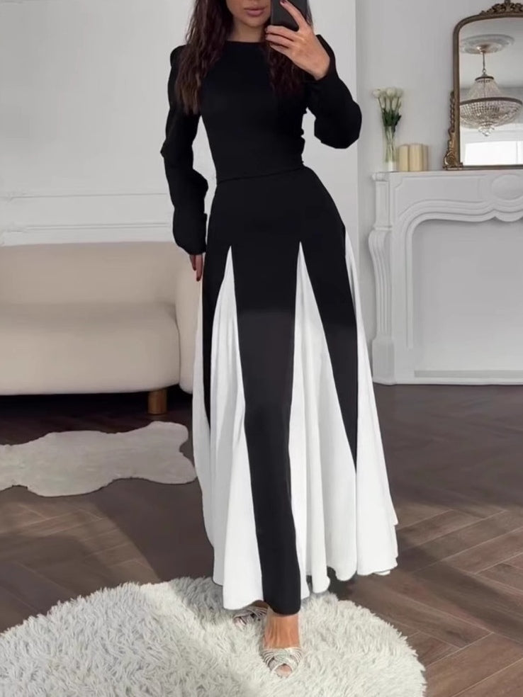 Abito Elegante Nero e Bianco Colorblock con Collo Rotondo e Maniche Lunghe