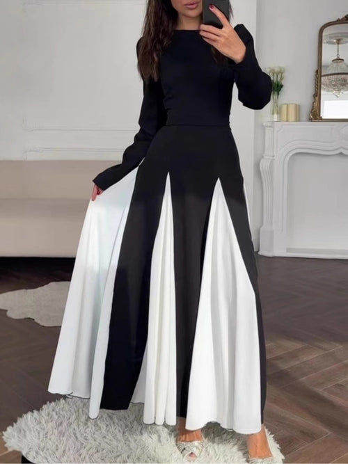 Abito Elegante Nero e Bianco Colorblock con Collo Rotondo e Maniche Lunghe
