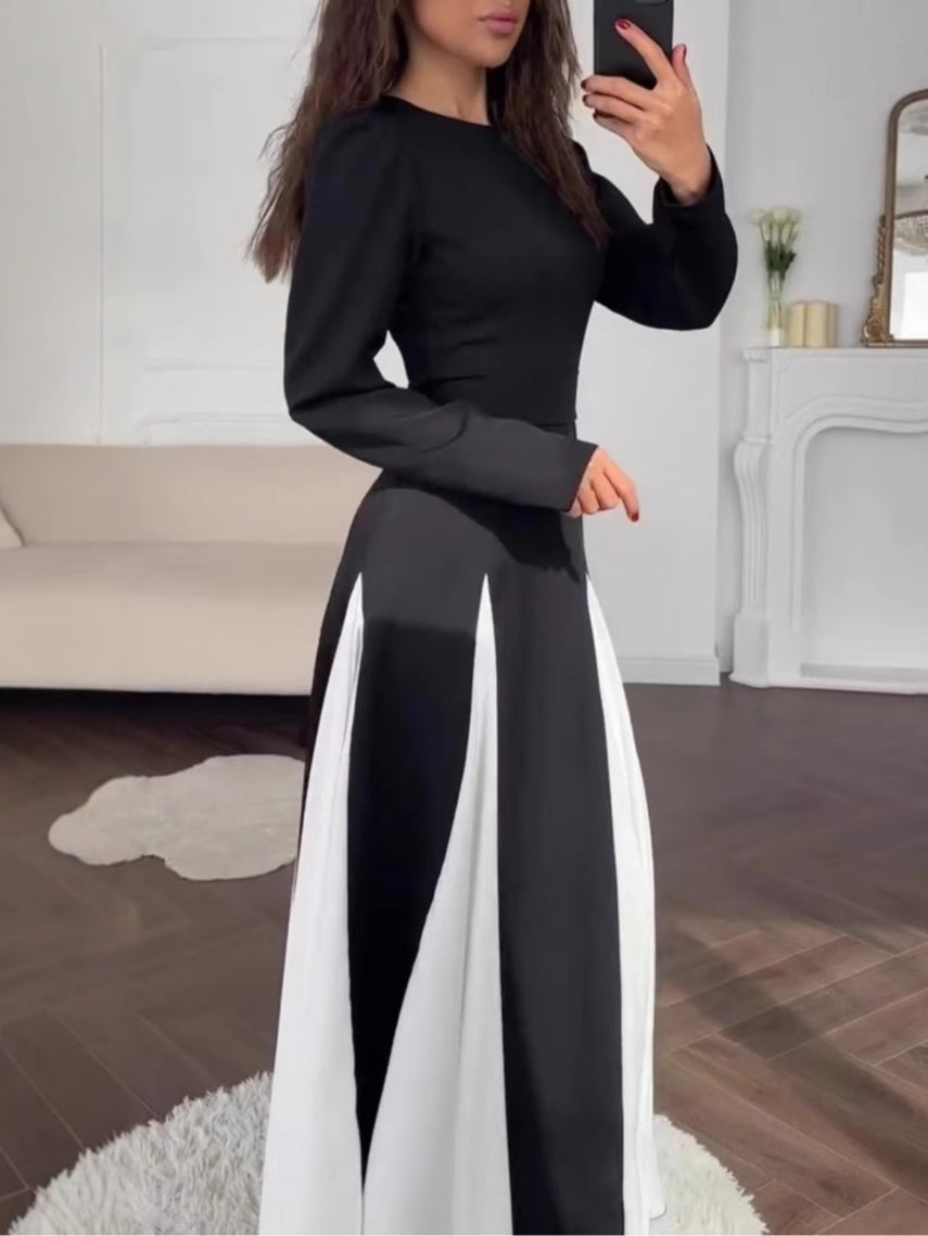 Abito Elegante Nero e Bianco Colorblock con Collo Rotondo e Maniche Lunghe